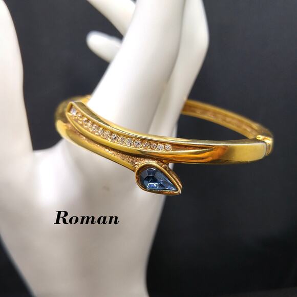 Vintage Roman Gold Plated Hinged Bracelet Blue Rhinestone, 1980s Signed Jewelry - Picture 1 of 10